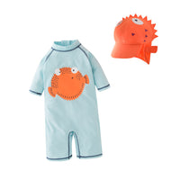 Children's One-Piece Pufferfish Mid-sleeve Swimsuit Beach Sunscreen Clothing With Hat 2-piece