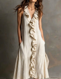 Solid-color Sleeveless Cotton-Linen V-Neck Maxi Dress With Ruffled Hem