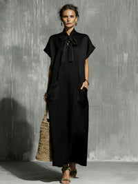 Military-green Cotton-linen Blend Tie-waist Short-sleeve Maxi Dress
