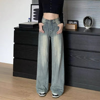 High Waist Striped Blue Loose Wide Leg Jeans Women Draped Pants