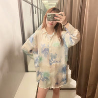 European And American New Women's Clothes Loose Fashion Tie-dyed Silk Satin Texture Casual Shirt