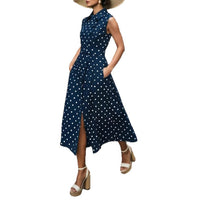 Sleeveless Retro Polka-Dot Collar Fake Button Lace-Up Womens Dress