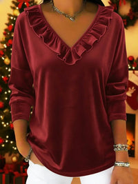 Womens Stylish Solid-Color Long-Sleeve Top With Ruffled V-Neck