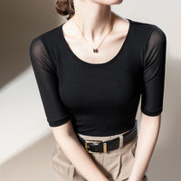 Women's Elegant Scoop Mesh T-shirt Solid Color Waist Stretch Top