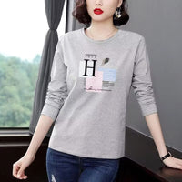 Middle-aged And Elderly Long-sleeved T-shirt Women's Thin Round Neck Bottoming Shirt Printed Casual Loose Top