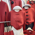 Red Cardigan Chinese Knot Round Neck Bandage Dress Sweater Women's Top