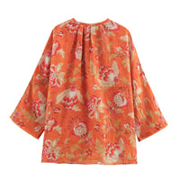 Summer Ethnic Print Ramie Pleated Long-sleeved Shirt