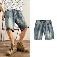 Five-point Denim Shorts Men's Loose Hole Slim Fit