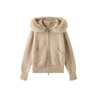 Fur Collar Hooded Knitted Coat For Women