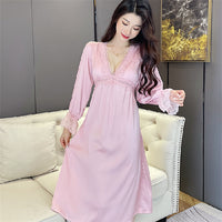 Women's Spring Autumn Lace V-Tie Satin Nightdress