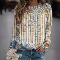 Loose-fit Retro Printed Casual Crewneck Pullover Long-sleeve T-shirt