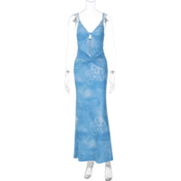 New Arrival Printed Hollow Out Knotted V Neck Sleeveless Long Dress For Women