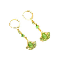 Luxury High-end Green Ginkgo-leaf Cats-eye Stone Long Tassel Earrings