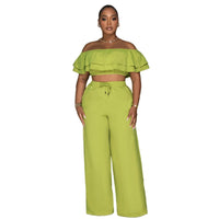 Off-shoulder Ruffled Short Top And Wide-leg Long Pants Set