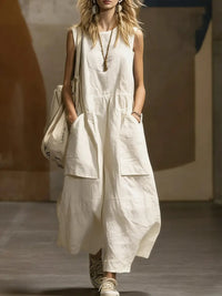 Womens Loose-Fitting Sleeveless Cotton-Linen Dress With Pockets