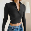 Women's Casual Solid Color Zipper Crop Slim Fit Top