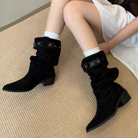 Western Cowboy Mid-calf Thick Heel Pointed Toe High Fold Stack Boots