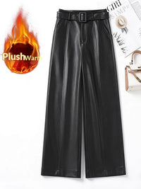Womens Straight-Leg Leather Pants High-Waisted Fashionable Wide-Leg Pants