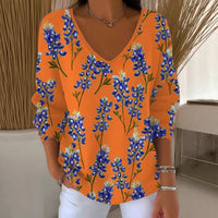 Womens Ribbed V-neck Three-quarter-sleeve Loose-fit T-shirt