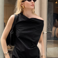 Black Slim-fit Irregular Elegant Shoulder-off Sleeveless Dress For Women