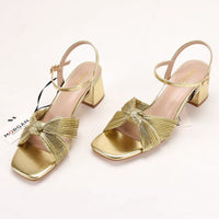 Cross-Strap Knot Square-Toe Mid-Heel Sandals