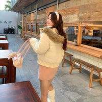 Winter Down Cotton Jacket Women's Short Big Fur Collar Hooded