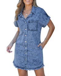 Womens Short-Sleeve Denim Shirt Dress Denim Button-Up Casual Style