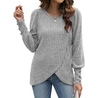 European And American Soft Bubble Long Sleeve Shirt Solid Color Round Neck Crossover Tops Women's Clothing