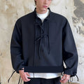 Ribbon Design Lapel Half Cardigan Drawstring Pullover Sweater