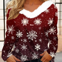 Women's Long Sleeve Christmas Print Party Furry Collar V-Neck Top