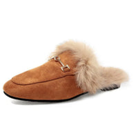 Rabbit Fur Suede Semi Leather Ball Flat Bottom Velvet Slippers