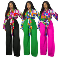 Plus-size Printed Flared-sleeve Top And Wide-leg Pants Two-piece Set