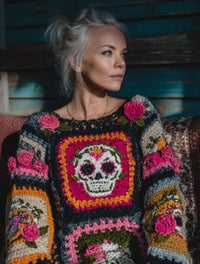Womens Retro Printed American Style Streetwear Loose Knit Sweater Top