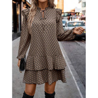 Printed Necktie-detail Dress With A Multi-layered Hem