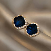 1 Pair Elegant Sparkly Navy Blue Geometric Square Stud Earrings For Women, Perfect For Daily Wear, Banquets & Vacations