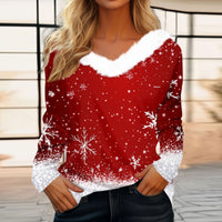 Women's Long Sleeve Christmas Print Party Furry Collar V-Neck Top