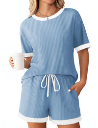 Solid-color Ribbed Patchwork Color-block Pajama Short-sleeve Loungewear Set