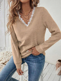 Knitted Lace V-neck Leisure Pullover Long Sleeve
