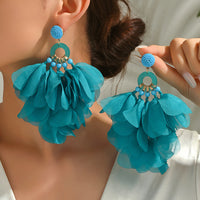 Bohemian Handmade Fabric Chiffon Flower Dangle Earrings For Women Tropical Beach Vacation Party Oversized Statement Jewelry