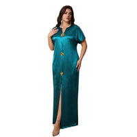 Satin Split Maxi Dress With Three-dimensional Floral Embellishments And Short Sleeves