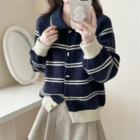 Korean Style Contrast Color Striped Lapel Sweater Cardigan