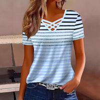 Fashionable V-neck Trendy Printed Cross-strap Striped Short Sleeves