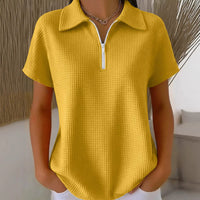 Turn-down Collar Pullover Drop Shoulder Half-zip Waffle Long Sleeve Women's POLO Top