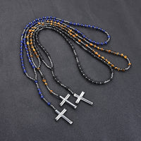 Cross Pendant Tigers Eye Lapis Lazuli Matte Agate Hematite Necklace
