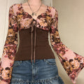 Floral Butterfly Print V-Neck Lace-Up Long-Sleeve T-Shirt