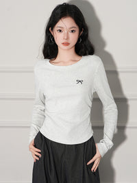 Regular Shoulder Round Neck Pleated Embroidery Long Sleeve Base Shirt