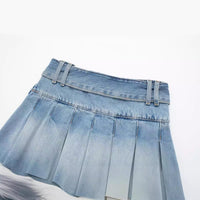 Wide Pleated Waistband Mini Denim Skirt
