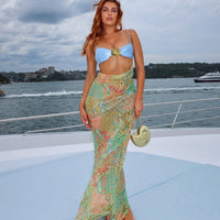 Spring Sexy Spaghetti Strap Patchwork Midriff-Baring Printed Maxi Dress