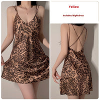 Low-cut Leopard Print Women's Suspender Nightdress Outerwear Gown Suit