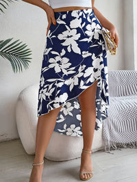 Women's Elegant Floral Print Ruffle Hem Midi Asymmetric Skirt